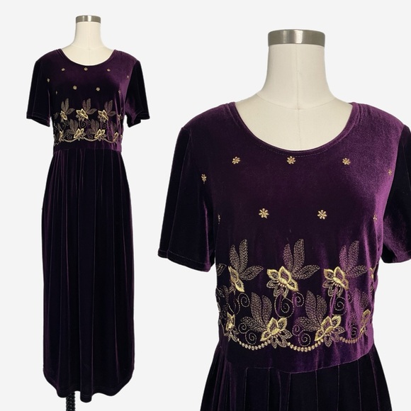 Vintage Dresses & Skirts - Vintage 90s Another Thyme Plum purple velvet floral embroidered midi medieval L